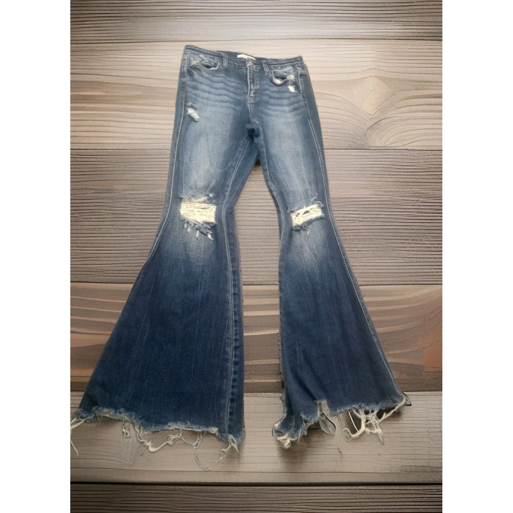 Women's Flying Monkey Mid-Rise Super Flare Stretch Jeans Sz 28 Hippie Distressed